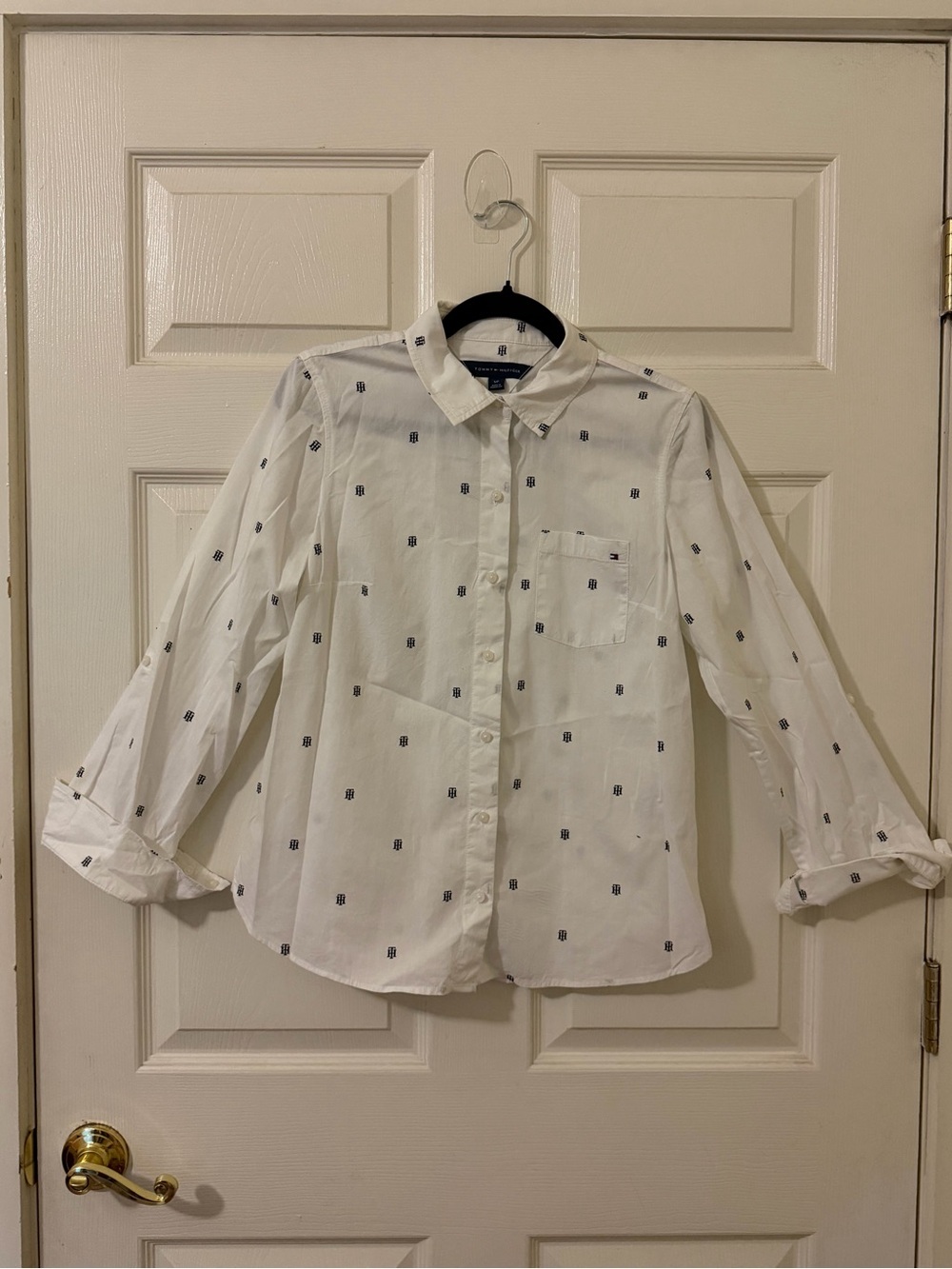 Tommy Hilfiger Women White Navy TH Monogram Button Down Shirt Size Small